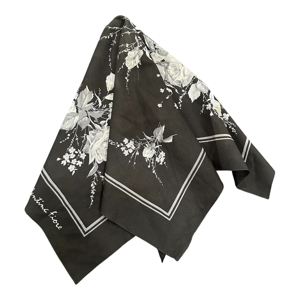 Valentina Fiore Black Floral Rose Print Square Scarf Grey White 29x29